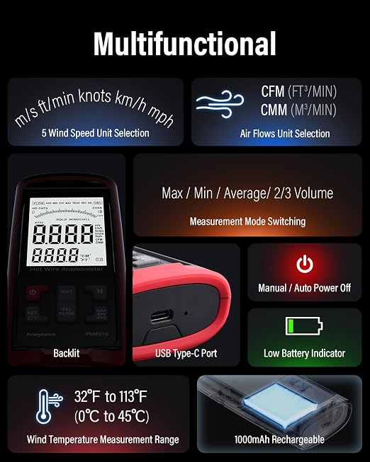 PM8916 Hot Wire Anemometer Handheld with Telescopic Probe, CFM/CMM Digital Wind Speed Meter Gauge, Air Flow Velocity Tester for Measuring HVAC, Duct Airflow, Wind Speed, Wind Chill