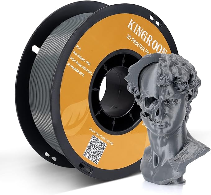 Kingroon PLA 3D Printer Filament, Dimensional Accuracy +/- 0.02 mm, 1 kg Spool(2.2lbs), 1.75 mm，Grey