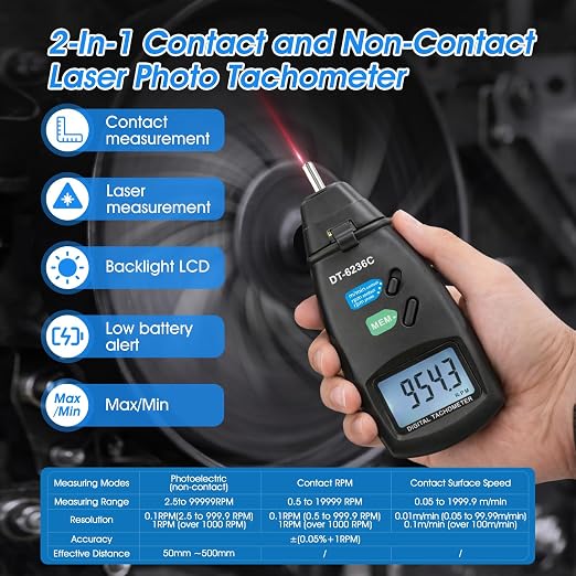 2-in-1 Digital RPM Tachometer Gauge, AIOMEST Non-Contact Laser Photo Tacómetro 2.5~99,999RPM, Contact Tester 0.5~19,999 RPM, RPM Meter for Engine, HVAC Motor, Drone propellor Speed