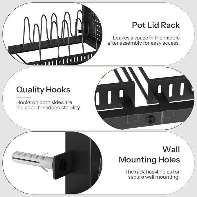 CHOEZON Pot Rack Wall Mounted, 3 in 1 Pots and Pans Organizer, Heavy Duty Hanging Pot Hanger, Storage Rack with 2 tier Kitchen Racks, for Kitchen and Dining Room, Black TPR30BB
