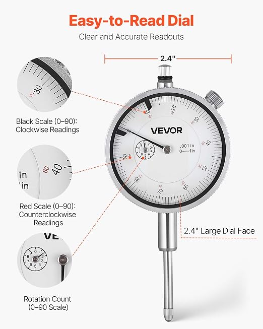 VEVOR Dial Test Indicator with 360-Degree Flexible Arm and 360-Degree Locking Pliers, 0.001 inch Accuracy, 0-1 inch Range, Professional for Machine Set-Up, Narrow Area Measurement, Storage Case
