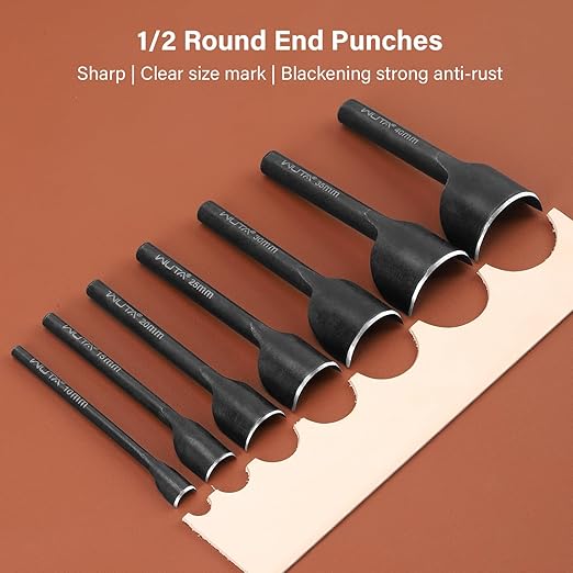 WUTA Half-Round Punch Set,Black Carbon Steel Leather Craft Tools,Leather Hole Punch Tool for Wallets,Strap Belts,Bags(11Pcs)