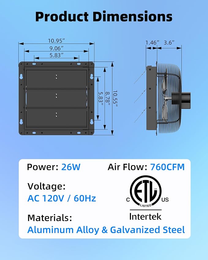 8 Inch Upgraded Shutter Exhaust Fan with Thermostat & Remote Control, Automatic On/Off by Temperature, 760 CFM Mounted Garage Fan for Attic, Greenhouses, Sheds & Chicken Coops, 2 Packs