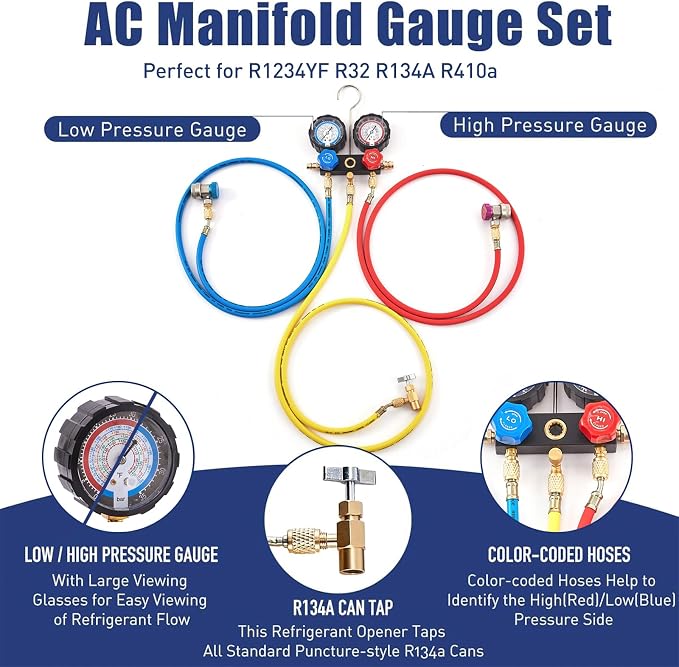 BACOENG R32 AC Vacuum Pump and Gauge Set, 5 CFM HVAC Vacuum Pump Kit for Mini Split System, Sparkless Motor for R32 R410a R1234yf R22 Refrigerants - w/ R410a Mini Split Adapter & 3x5FT Hoses