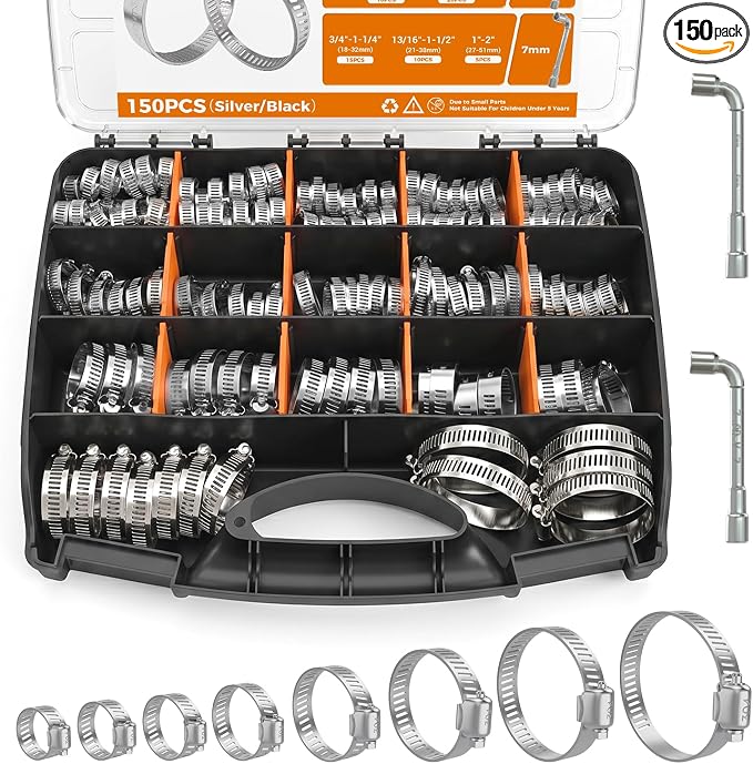Hose Clamp 150PCS Hose Clamp 304 Stainless Steel Kit Adjustable 1/4" to 2" (16–51 mm) Worm Gear Hose Clamp, Heavy Duty Small Hose Clamps for Automotive, Fuel Line, Pipe, Radiator