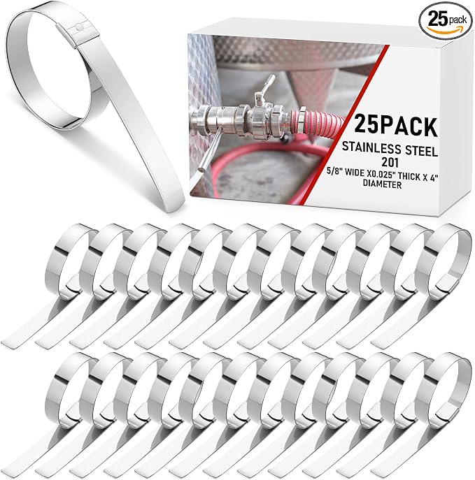 Duraaamo 25 Pack 5/8" Wide x 2-1/2" Diameter x 0.025" Thick Center Punch Clamps Band Hose Clamps 201 Stainless Steel Pre-formed for Hose Ducting Pipe Cable Management & More