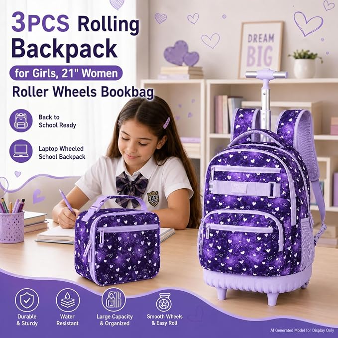 3Pcs Rolling Backpack for Girls Teens, 19" Wheeled Backpack with Lunch Box, Polka Dots Travel Roller Backpack for Women College Students (Purple)