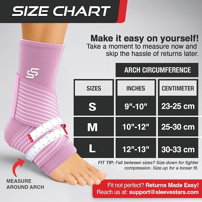 Sleeve Stars Ankle Brace for Women & Men, Ankle Wrap for Sprain, Compression Sleeve for Plantar Fasciitis Relief, Easy Customizable Support: w/ Removable Strap (Pair/M:10"-12"/Baby Pink)