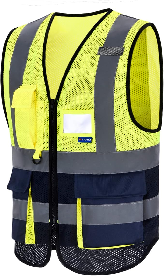 A-SAFETY Hi-Vis Mesh Vest, Breathable, Black Front Zipper, Yellow/Navy, XL | Yellow/Navy XL breathable mesh vest with transparent ID pocket, radio mic loop and reflective strips for assembly work.