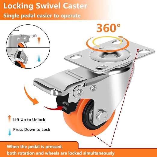 Caster Wheels, 2" Casters Set of 4 Heavy Duty - Locking Casters Orange Polyurethane Wheel, Swivel Plate Caster with Brake, Non-Marking Castor Wheels for Carts Furniture and Workbench