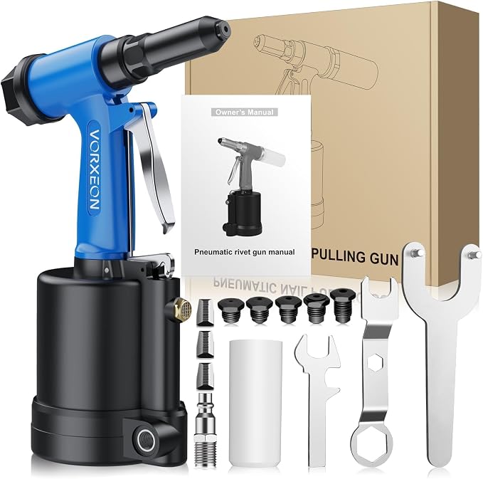 Air Rivet Gun 5 Nosepiece Sizes 3/32" to 1/4" with 3916 lbf Power Riveting for Heavy-Duty Automotive, Metalworking, HVAC and Construction Industrial Pneumatic Riveter Tool