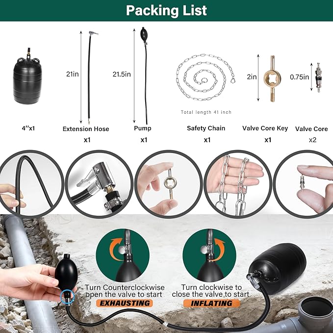 4 Inch Inflatable Pipe Plug Balloon Kit with Extension Hose,Safety Chain & Pump, Rubber Sewer Test Ball for Drain Blocking, Plumbing Pressure Testing/Leak Detection(Fits 3.8"-4.2" Pipes)