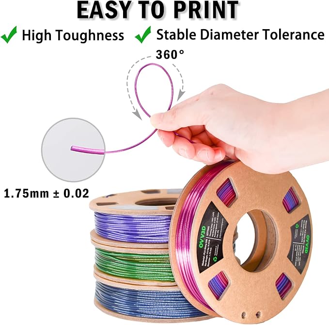 OVV3D Rainbow PLA Filament Bundle 3D Printer Filament, Silk PLA Filament 1.75mm, Silk Black Purple Green Blue and Red Purple Blue 3D Printing Filament, 200g X 4 Spools