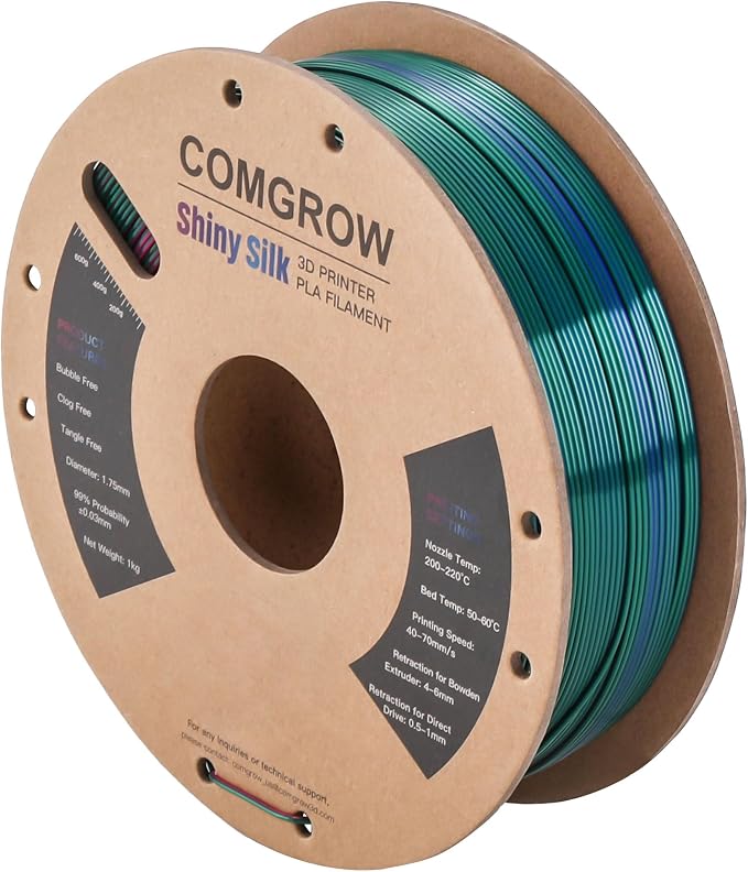 Comgrow Tri-Colors Silk PLA 3D Printer Filament, Rainbow PLA Filament 1.75mm, Dimensional Accuracy +/- 0.02 mm, 1KG Spool, Coextrusion 3D Filament with Shiny Silk Red-Blue-Green