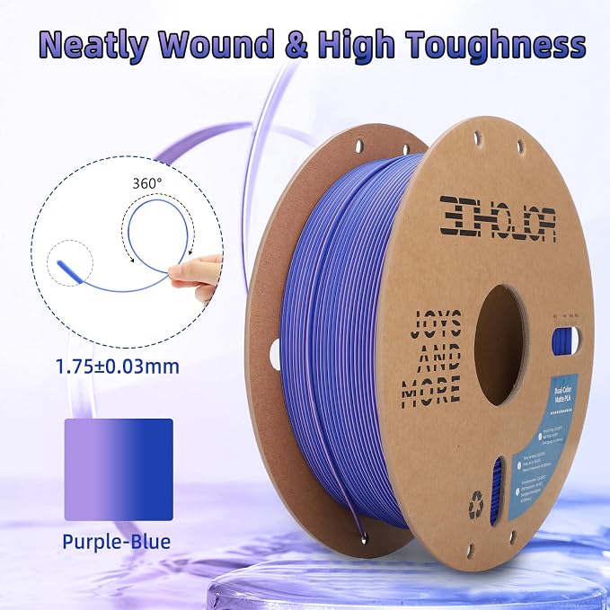 3DHoJor Dual Color Matte PLA 3D Printer Filament 1.75mm 2 in 1 Coextrusion 1KG Spool (2.2lbs) Multicolor PLA with Smooth Matte Finish for FDM 3D Printers - Purple Blue