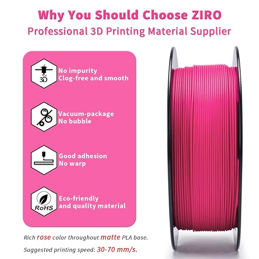 ZIRO Matte PLA Filament,1.75mm 3D Printer Filament Shiny-Free Finish,1.75mm Matte PLA Series 3D Printing Material, 2.2lbs Spool, Dimensional Accuracy +/- 0.03mm, Rose(Matte)