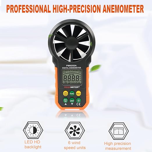 PM6252A Digital Anemometer,Portable High Exactness Handheld Wind Speed Meter Air Volume Measuring Meter for Weather Data Collection and Windsurfing Kite Flying Sailing
