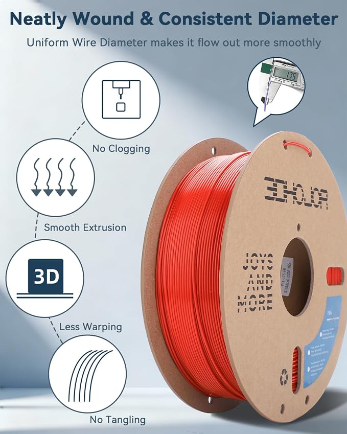 3DHoJor PLA Filament 1.75mm,3D Printer Filament,1kg Cardboard Spool (2.2lbs), Dimensional Accuracy +/- 0.03 mm,Odor Free, Clog Free, No Brittle Filaments,Fit Most FDM 3D Printer,Red