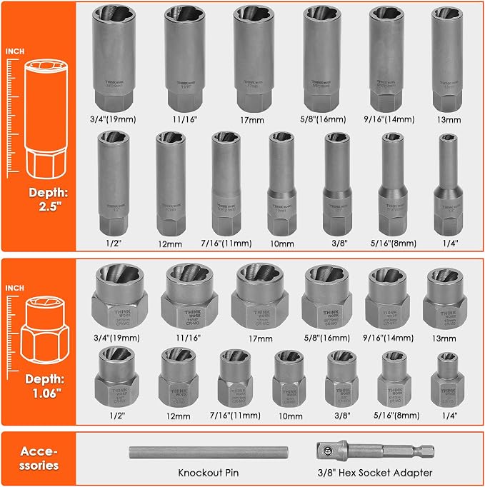 THINKWORK Broken Bolt Extractor Kit, 65-Piece Easy Out Screw Extractor Set, Lug Nut Removal Tool with Left Hand Drill Bit Set for Removing Damaged, Frozen, Rusted, Rounded-Off Bolts, Nuts & Screws