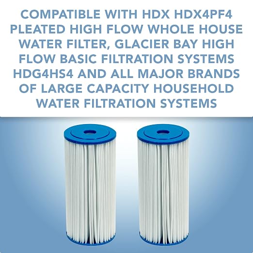 CFS – 10" x 4.5" Pleated High Flow Water Filter Cartridges Compatible with HDX HDX4PF4 Models – 30 Micron, Whole House Replacement Filter – Reduces Sediment – 2 Pack