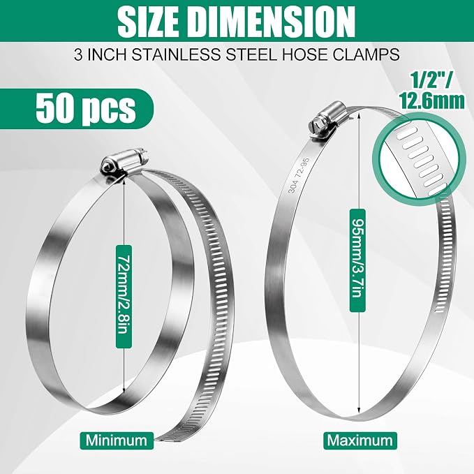 Zhengmy 50 Pack 3 Inch Stainless Steel Hose Clamps Adjustable 2-13/16" to 3-3/4" 72-95 mm Worm Gear Clamps Duct Clamp for Air Duct Automotive Fuel Dryer Vent Plumbing Industrial Use