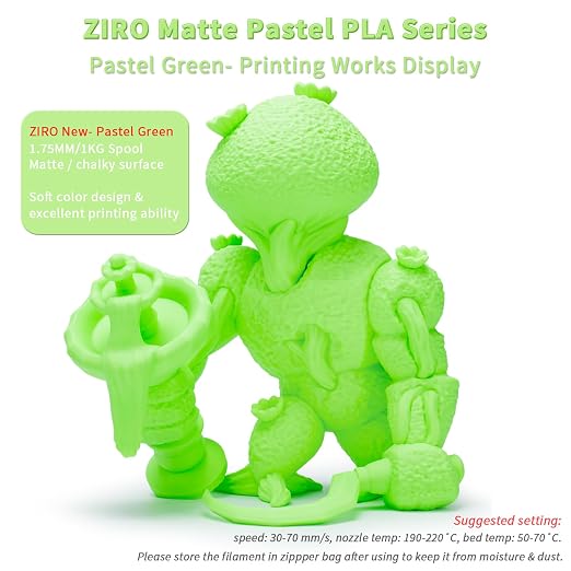 ZIRO Matte PLA Filament, 1.75mm 3D Printer Filament Shine-Free Finish, Pastel Colors PLA Series, 1kg/2.2lbs Spool, Dimensional Accuracy +/- 0.03mm, Fit Most FDM 3D Printers, Pastel Green(Matte)