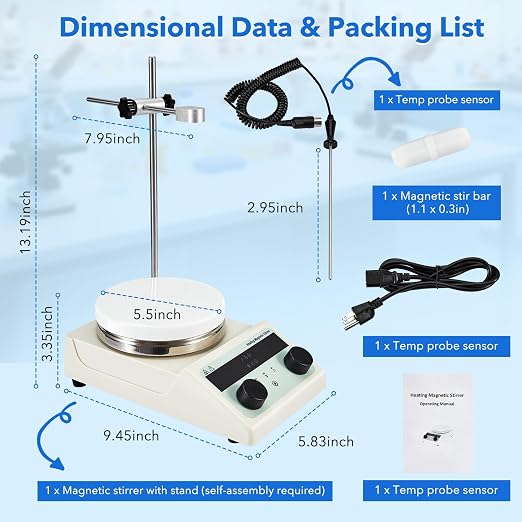 5.5 inch Magnetic Stirrer Hot Plate, Max Temp 572℉/ 300℃, 100-1500RPM Ceramic Coated Aluminum Stir Plate, Max 5L Stirring Capacity, with Stir Bar, Temp Probe Sensor, Stand