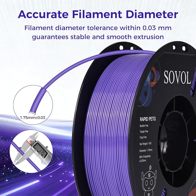 Sovol 3D Printer Rapid PETG Filament 1.75mm 1KG (2.2lbs), High Precision, Strong Toughness, Wiring Tightness, Dimensional Accuracy +/- 0.03 mm, 3D Printing High Speed PETG Filaments, Lavender Purple