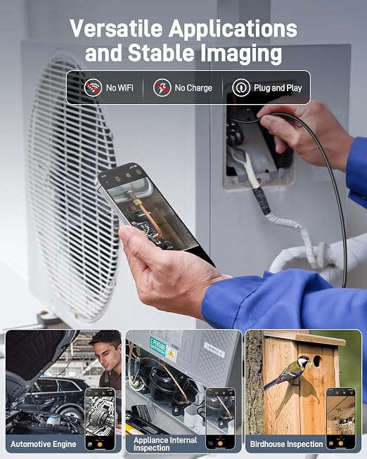 Anykit Endoscope Camera with Light, 1920P HD Borescope with 8 Adjustable LED Lights, Semi-Rigid Snake Camera with Light, IP67 Waterproof Inspection Cam for iPhone & Android, 9.8 ft Single Lens