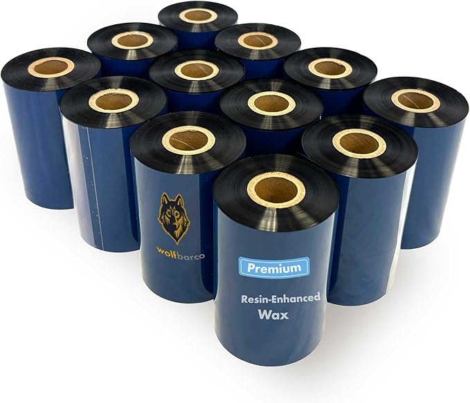 Wolfbarco 12 Rolls 4.33" x 984' 110mm x 300m Premium Resin-Enhanced Wax Ribbon, Black Barcode Thermal Transfer Ribbon 1" Core Ink Outside CSO for Zebra, Printronix, TSC, Godex, Citizen Printers