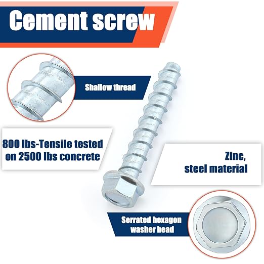 Tandefio 160 Pack 3/8" X 2-1/2" Galvanized Concrete Screws Large Diameter Anchors Concrete Screw Anchor Bolts Masonry Screw for Anchoring to Masonry Brick or Block
