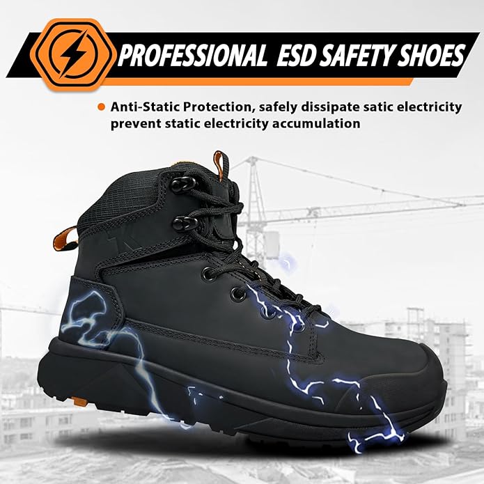 Men Work Boots 6 Inch Lightweight - ESD Shoes, Aluminum Alloy Toe and Puncture Proof ASTM 2413, Oil and Slip Resistant, Premium Water Resistant Genuine Leather Industrial Safety Boot