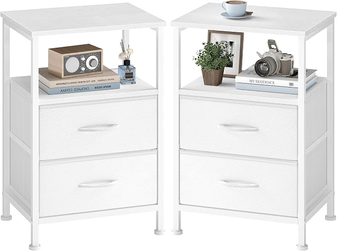 SONGMICS Nightstand, Bed Side Table, End Table with 2 Drawers and 1 Open Shelf, Industrial, Set of 2, Cloud White, BELLAH Collection ULGS062W101S