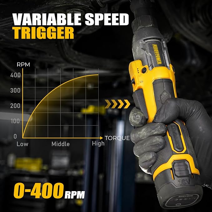 Cordless Ratchet Wrench, 3/8" 16V Brushless 65 ft-lbs, 2 Batteries | Drop-resistant alloy body,6 sockets (10-17mm), 1/4" & 1/2" adapters, 3" extension bar, fast charger, built-in LED, 0-400 RPM