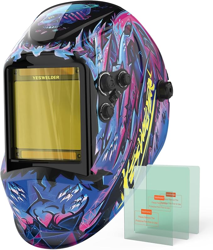 YESWELDER Large View Auto Darkening Welding Helmet, Blue Light Blocking, 1/1/1/1 True Color Solar Powered Welder Hood Mask with 4 Arc Sensors, Wide Shade 3/5-9/9-13 for TIG MIG ARC CUT and GRIND