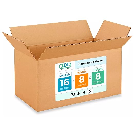 Medium Moving & Shipping Boxes 16" x 8" x 8" (5-Pack) - Extra Strength 200 lb vs Regular - USA-Made Corrugated Strong Cardboard Boxes Moving and Delivering - Square Cartons Box by IDL Packaging, brown