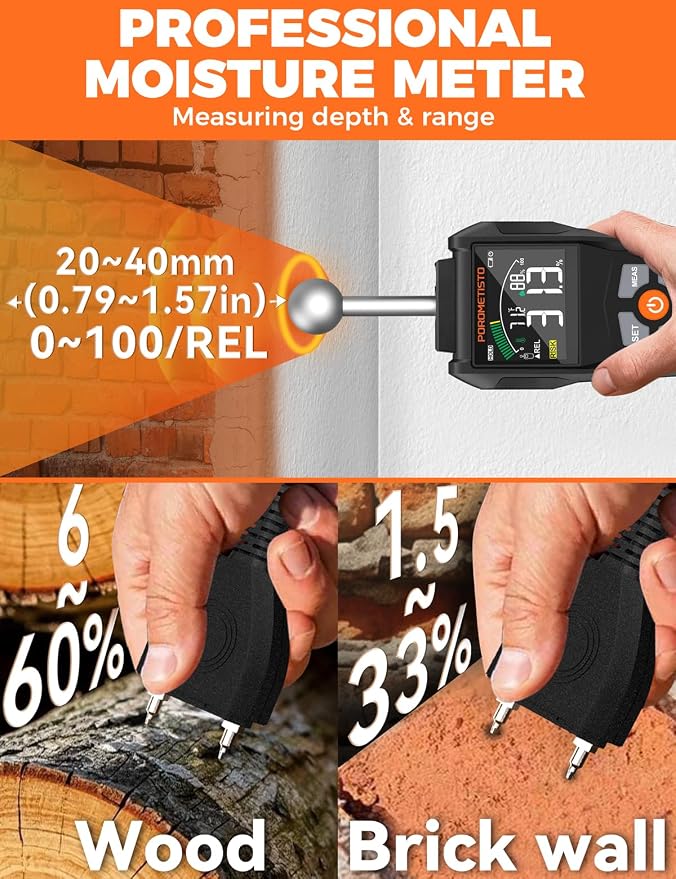 Moisture Meter, POROMETISTO Pin & Pinless Moisture Meter – Dual Mode Wood Moisture Detector for Walls, Drywall, Firewood & Concrete, Digital Moisture Meter with Color Screen & Alarm