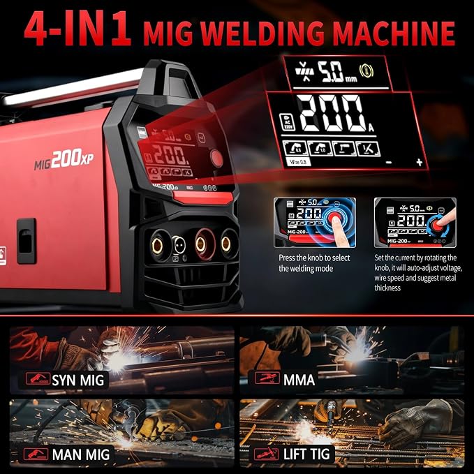HGNVGZ MIG 200XP 4-in-1 Welder 110V/220V Dual Voltage IGBT | 4-in-1 MIG/TIG/Stick/Spool Gun, Synergic Control, LED Display, for DIY Auto Repair Workshop, Welding Goggles&Gloves Included
