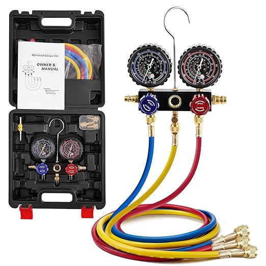 3-Way R454B AC Gauge Set, HVAC A2L Manifold Gauges for R454B/R32/R410A/R22 Refrigerant with A2L/R410a Adapters, 5FT Hoses