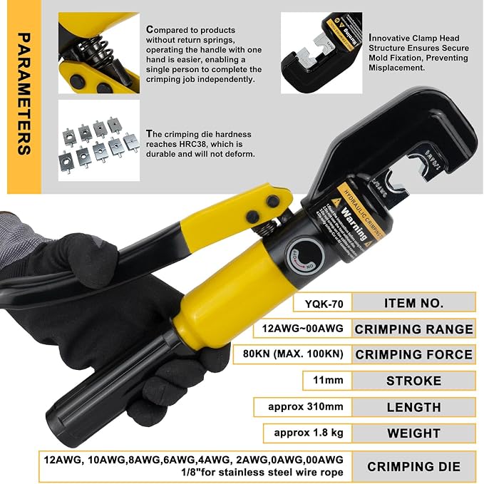 10 Tons Hydraulic Crimping Tool with Cable Cutter, 64PCS Copper Terminals and 9 Dies, Battery Cable Crimper for 12 AWG-2/0 AWG, Hydraulic Wire Crimping Tool for Copper Lugs (Perfect Kit)