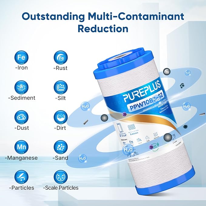 PUREPLUS 5 Micron 4.5"x10" Whole House Water Filter Combo, with String Wound Sediment & Iron Reducing Filter and Activated Carbon Block Filter, 1PACK