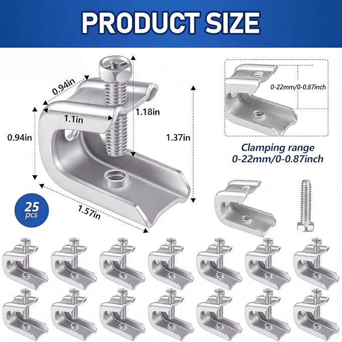 Hicarer 25 Pcs 1/4" x 20 Beam Clamp Heavy Duty Steel, Zinc Plated C-clamp Fastener for I-beams and Strut Channels, Secure Conduit & Pipe Hanging Support