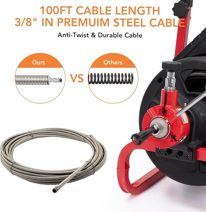 Drain Cleaner Machine, 100 ft X 3/8 in Drain Auge, Auto-feed Professional 6.8A Electric Drain Auger, Air-Activated Foot Switch, w/ 6 Cutters, Gloves, Cleaner Sewer Snake