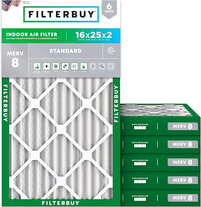 Filterbuy 16x25x2 Air Filter MERV 8 Essential Dust & Allergy Defense (6-Pack), Electrostatic Pleated HVAC AC Furnace Filters Replacement, Made in USA (Actual Size: 15.50 x 24.50 x 1.75)