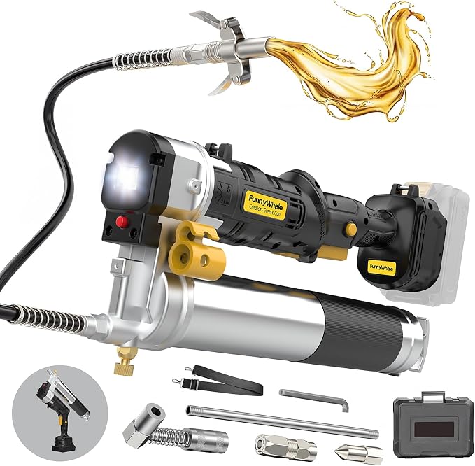 Funnywhale Cordless Grease Gun Compatible with DeWalt 20V MAX Battery(No Battery) | 12000PSI High-Pressure with 2-in-1 Rotating Handle, 16.4" Hose & 4 Couplers for Bulk & Cartridge Grease