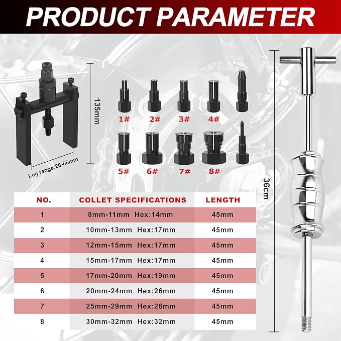 12pcs Motorcycle Blind Hole Bearing Puller Kit, Motorcycle Slide Hammer Puller Set, Pilot Insert Inner Bearing Remover Tool with 8-32mm Collets