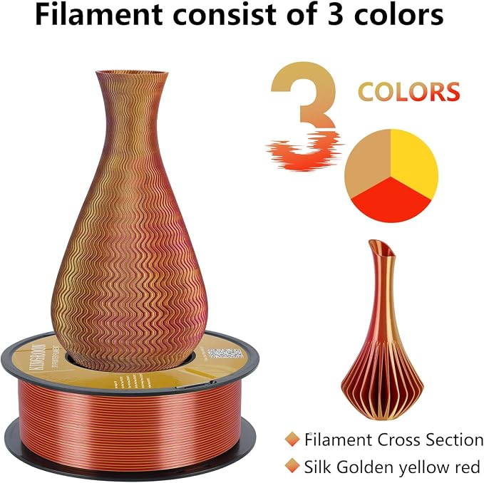 Kingroon PLA 3D Printer Filament, Triple Color Silk PLA Filament, Dimensional Accuracy +/- 0.03 mm, 1 kg Spool(2.2lbs), 1.75 mm, Golden-Yellow-Red