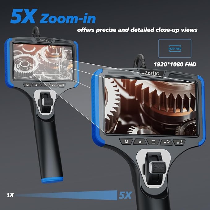 Two-Way Articulating Borescope Camera with Light, Industrial Endoscope Inspection Camera with 0.25 in Slim Articulated Probe, Waterproof Snake Scope for Mechanics & Engine Inspection - 5FT