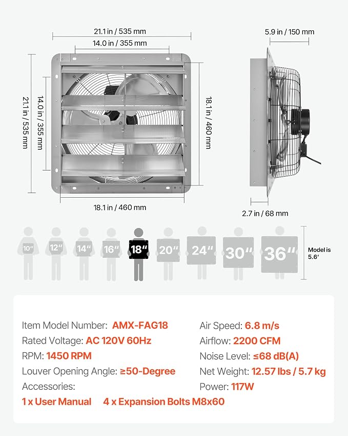 VEVOR 18'' Exhaust Fan, Wall Mounted Attic Fan with Variable Speed, 2200 CFM, Automatic Shutter, Ventilation and Cooling, Silver, Fan Only