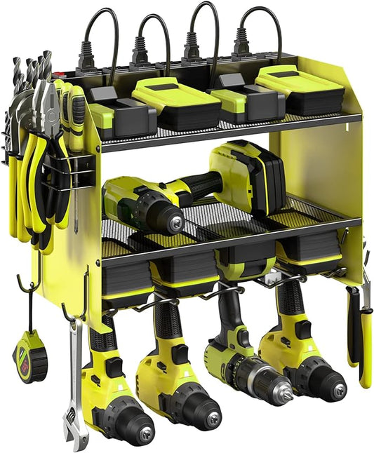 CCCEI Wall Mount Modular Tool Charging Organizer, Green, 1 Pack, 3 Tier. | Drill Battery Storage Rack with Hooks, Garage Workshop, Gifts for Men, Dad, Husband Anniversary, Birthday, Christmas